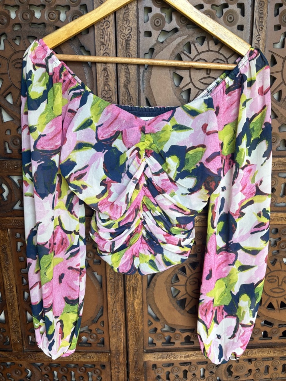 ABERCROMBIE Smocked Floral Top with Mesh Puffy Sleeves